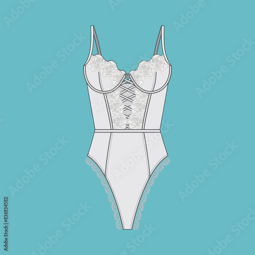 Swimsuit Bikini and Corset Bodysuit Vector Illustration Set: Fashion Flat Sketch, CAD, Technical Drawing, Template