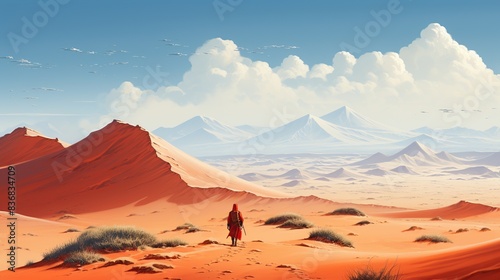 A nomad in a plain red shirt trekking across a vast desert, with sand dunes stretching into the distance   photo