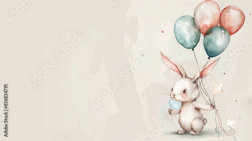 copy space, illustration, watercolor style, soft colors, cute rabbit with balloons. Cute birth announcement card. Template voor birth cards, cute design. photo