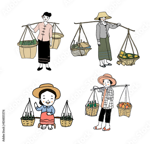 Collection of lady hawker. Street food concept. Hand drawn style vector illustration.