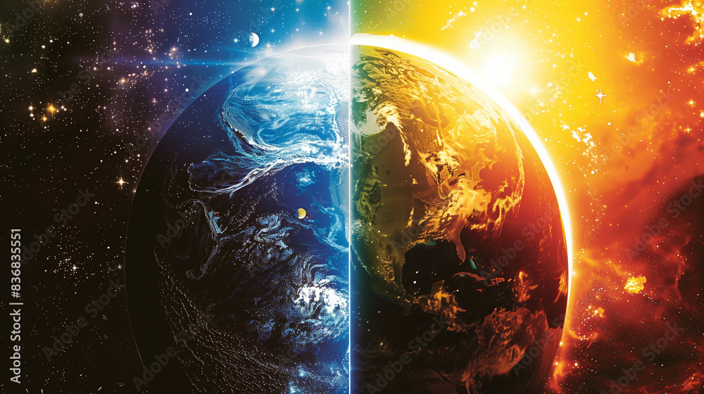 Obraz premium A close-up of the bright Earth and a close-up of the dark Earth on each side