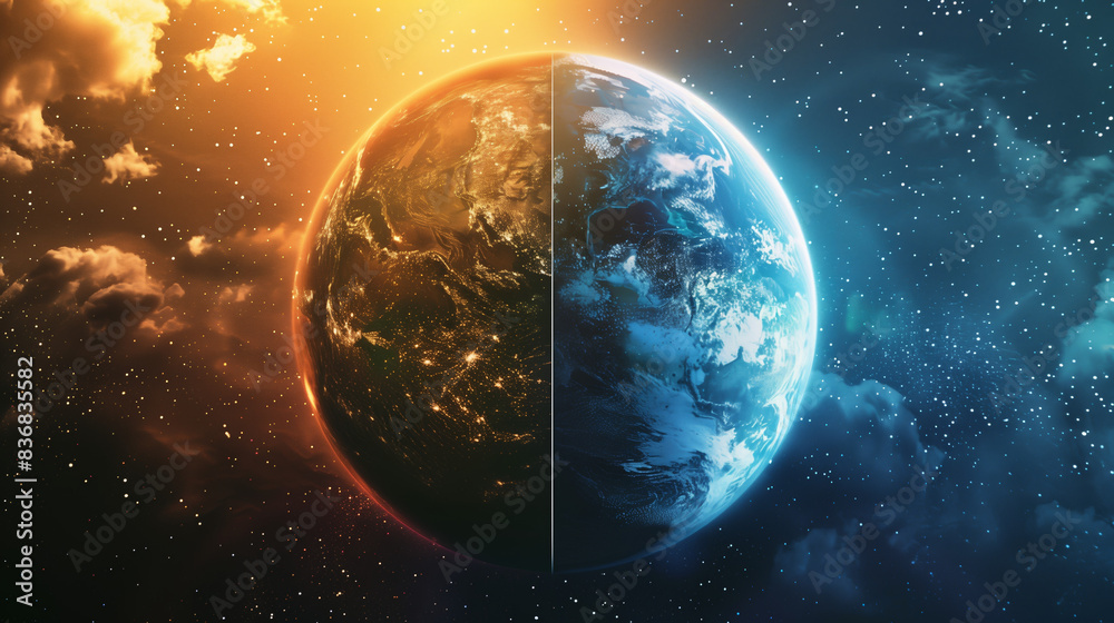 Fototapeta premium The cover of a novel is divided into two parts, with a close-up of the bright Earth and a close-up of the dark Earth on each side
