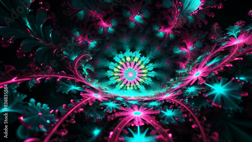 Design an abstract background featuring a fractal explosion in bright neon colors like pink, cyan, and lime green. The fractals should radiate outward from the center, with intricate, repeating patter
