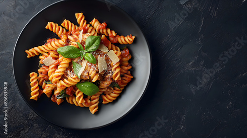 Italian pasta with tomato sauce, fresh basil and parmesan cheese on dark background with copy space