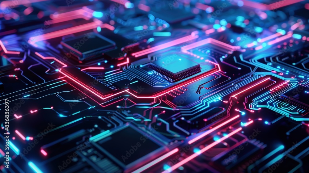 Futuristic circuit board with glowing neon lights, depicting advanced technology and innovation. Futuristic circuit board with glowing neon lights, depicting advanced technology and innovation.