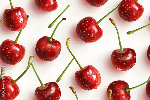 seamless background with cherries, A seamless pattern featuring cute coquette red cherries with stems, isolated on a crisp white background