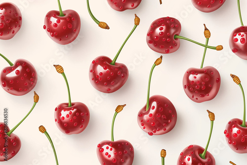 seamless pattern with cherries, A seamless pattern featuring cute coquette red cherries with stems, isolated on a crisp white background