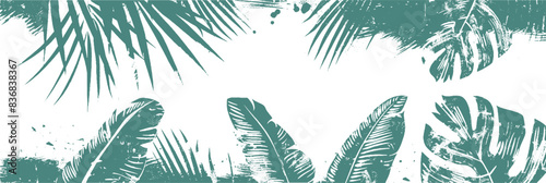 Black shadow tropical palm leaf, Isolated on white background. Clipping path included. With copy space. Grunge distressed dirty texture. Banner shopping badges. Tropical-themed designs and botanical