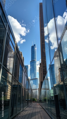 Architectural perspective of a towering skyscraper, reflecting the surrounding cityscape with a backdrop of clear blue sky and fluffy white clouds, gorgeous view of downtown, modern skyscrappers photo
