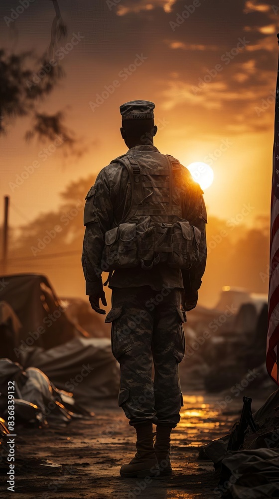 A lone soldier walks into the sunset, showcasing dedication and bravery in rugged terrain. Military service symbolizes sacrifice and patriotism.