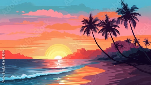 vector illustration style,Serene beach at sunset with gentle waves isolate white background