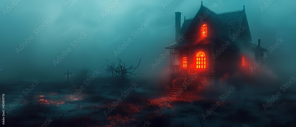 Frightening haunted house with glowing windows, eerie Halloween, copy space, chilling, dynamic, blend mode, foggy graveyard backdrop