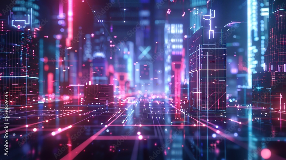 Naklejka premium Abstract cityscape composed of glowing neon grids, portraying the urban landscape of the digital age. 