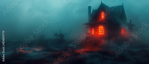 Obraz na płótnie Frightening haunted house with glowing windows, eerie Halloween, copy space, chilling, dynamic, blend mode, foggy graveyard backdrop w salonie