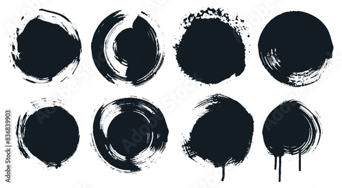 Set of black grunge ink stamp circles, round shape stamp. Collection of round frames. Dirty badges with distressed texture. Scratched blank rubber seal stamp banner shopping badges. Vector paint brush