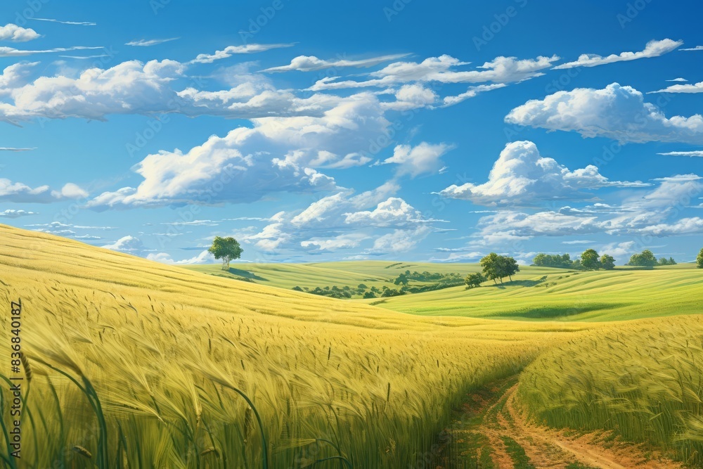 Fototapeta premium Wideangle landscape featuring a lush green meadow adjacent to a ripe golden wheat field, clear blue sky with scattered clouds, rich colors and sharp detail, capturing the beauty of agricultural divers