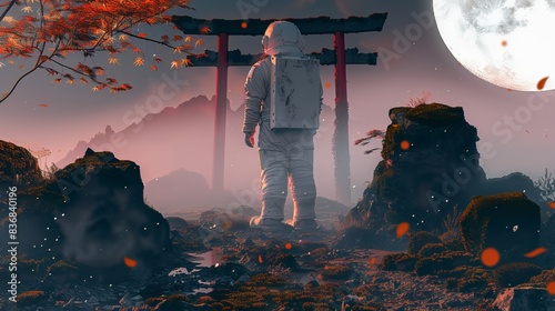 An astronaut stands before a Torii gate in a surreal, abstract fantasy wallpaper and background, destined to be a best-seller photo