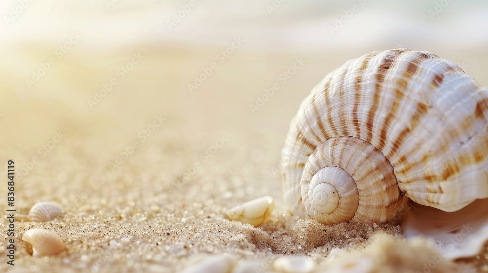 Serene Seashell Close-up on Sandy Beach with Soft-focus Background for Copyspace Serene Seashell Close-up on Sandy Beach with Soft-focus Background for Copyspace