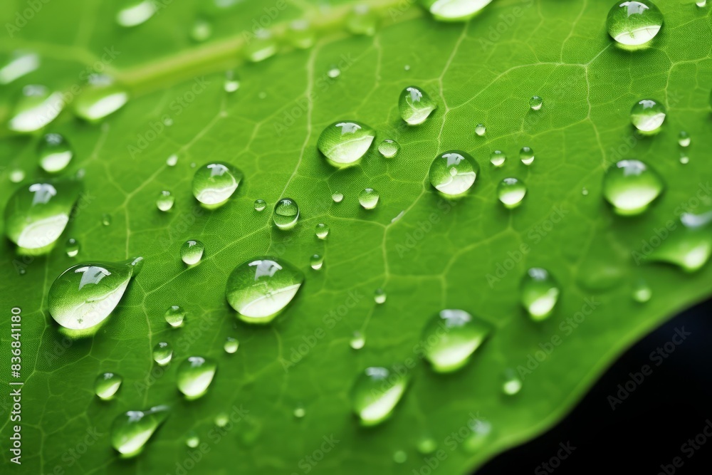 Closeup shot of fresh green leaf with water droplets, capturing intricate leaf texture and reflections in droplets, natural light, macro photography, high resolution, vibrant green hues, natures detai Closeup shot of fresh green leaf with water droplets, capturing intricate leaf texture and reflections in droplets, natural light, macro photography, high resolution, vibrant green hues, natures detai