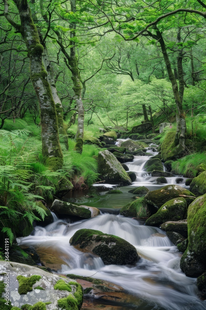 Serene Forest Landscape with Flowing Stream - Perfect for Text Overlay Serene Forest Landscape with Flowing Stream - Perfect for Text Overlay