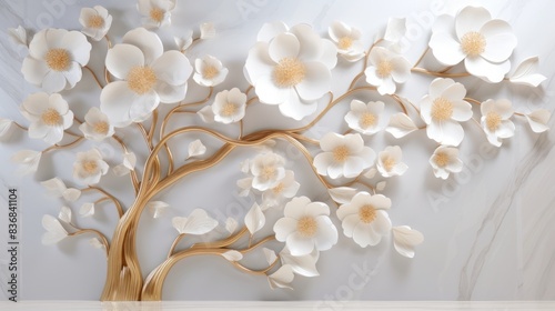 3d wallpaper white background with golden tree and white flowers with pearls © Helen