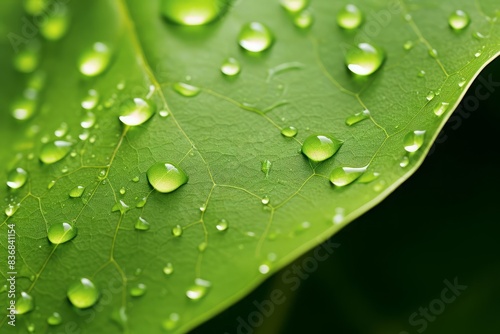Closeup shot of fresh green leaf with water droplets, capturing intricate leaf texture and reflections in droplets, natural light, macro photography, high resolution, vibrant green hues, natures detai