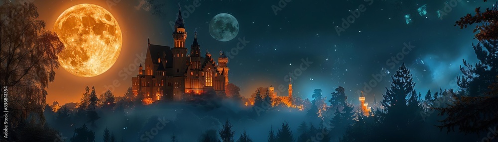 Full moon rising over a spooky castle, Halloween night, selective focus, ominous, vibrant, silhouette, old castle backdrop Full moon rising over a spooky castle, Halloween night, selective focus, ominous, vibrant, silhouette, old castle backdrop