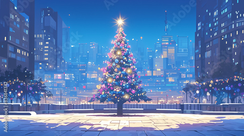 クリスマスツリーのある街の広場の風景　Generative AI