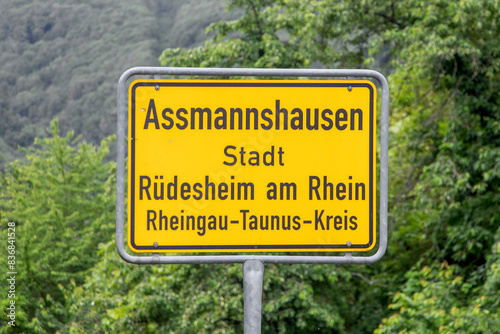 entrance sign to village of Assmannshausen, a village belonging to town of Ruedesheim, Hesse, Germany