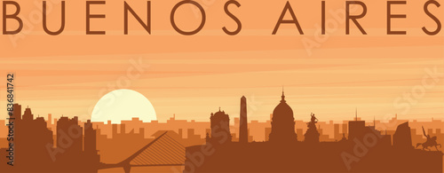 Brown panoramic poster of the city skyline with misty background buildings, sunrise, clouds and mountains of BUENOS AIRES, ARGENTINA