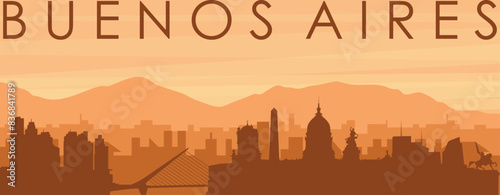 Brown panoramic poster of the city skyline with misty background buildings, sunrise, clouds and mountains of BUENOS AIRES, ARGENTINA