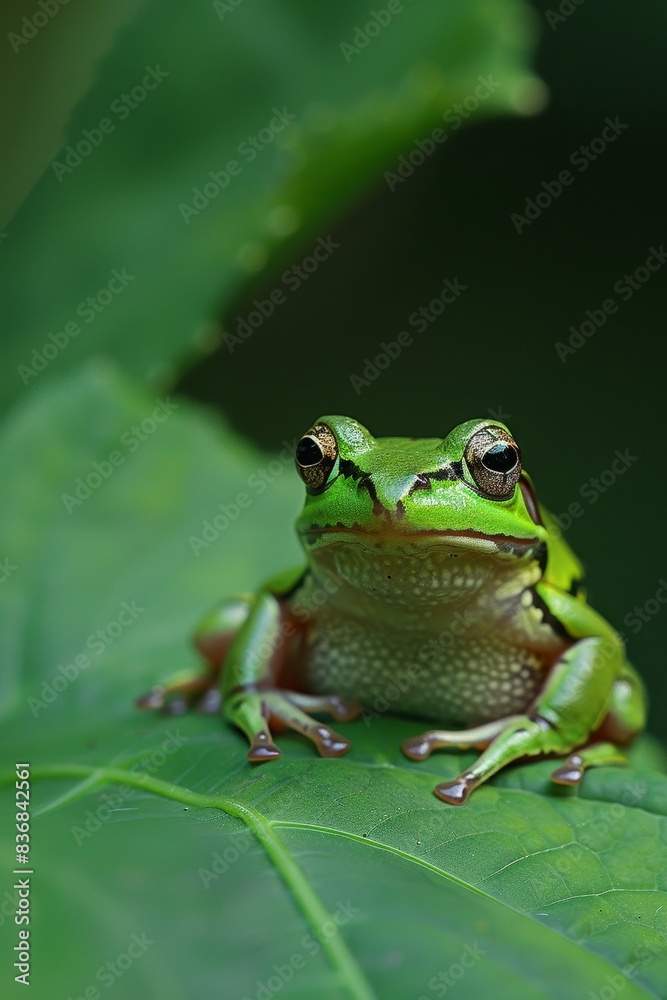 Macro Shot of Frog Sitting on Green Leaf with Blurred Background for Copy Space Macro Shot of Frog Sitting on Green Leaf with Blurred Background for Copy Space