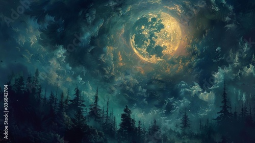 Haunted forest seen from a worms-eye view, at the stroke of midnight, a fearsome werewolf under a radiant full moon, oil painting style with rich, dark hues and intricate details