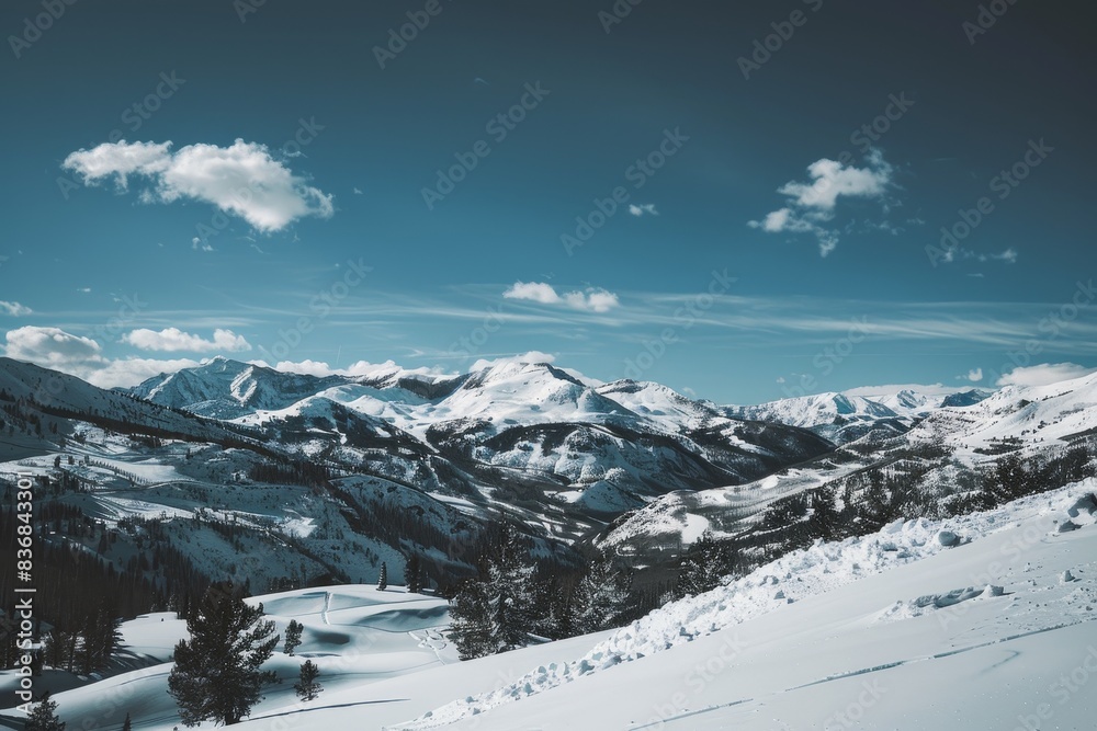 Fototapeta premium Majestic Snow-Covered Mountain Range with Space for Text in Sky