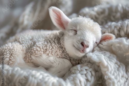 Adorable newborn lamb resting with eyes closed, enveloped in a cozy, textured blanket