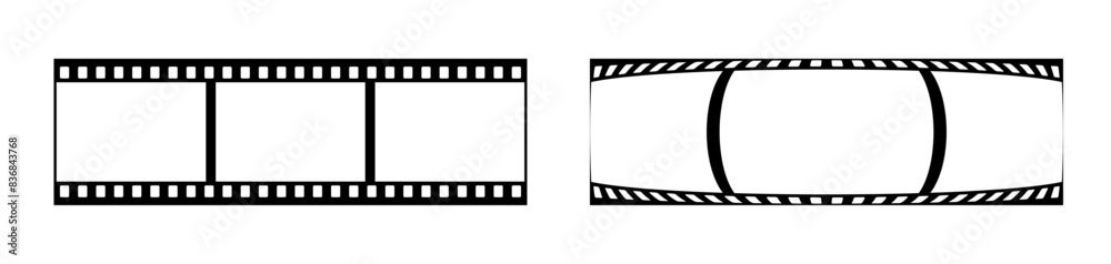35mm blank filmstrip vector design with 3 frames on white background. Black film reel symbol illustration to use for photography, television, cinema, photo frame.
