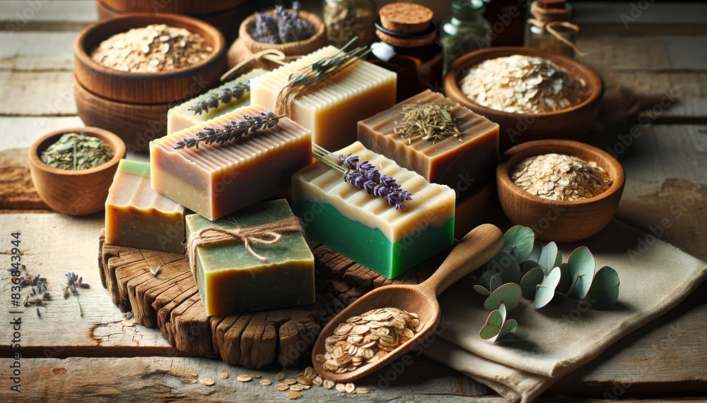 Assorted Organic Soap Bars with Herbal Ingredients on Rustic Wooden Surface