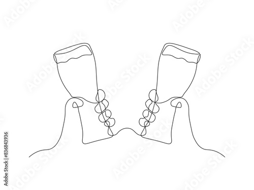 Abstract two hands with mug, glass beer, toast, continuous single line art drawing sketch, logo