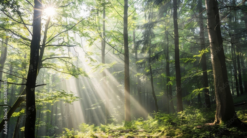 Fototapeta premium Tranquil Forest Landscape with Sunlight Filtering Through Trees for Text Space