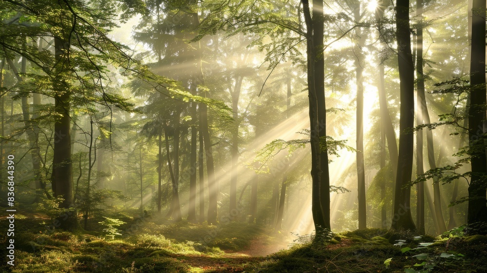 Obraz premium Tranquil Forest Landscape with Sunlight Filtering Through Trees for Copy Space Above