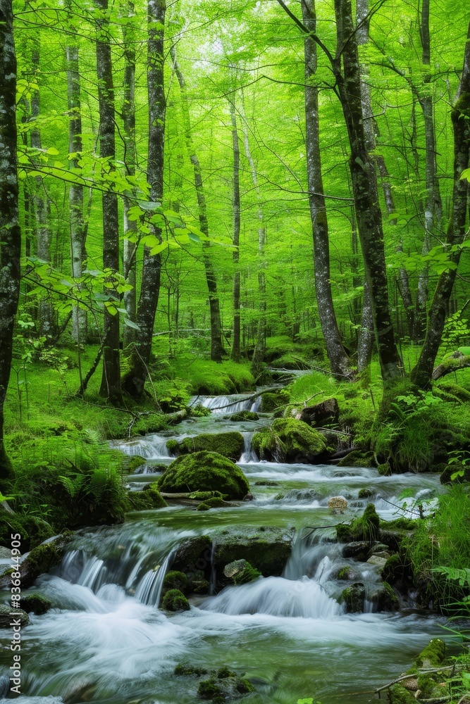 Obraz premium Serene Forest Landscape with Flowing Stream for Text Overlay