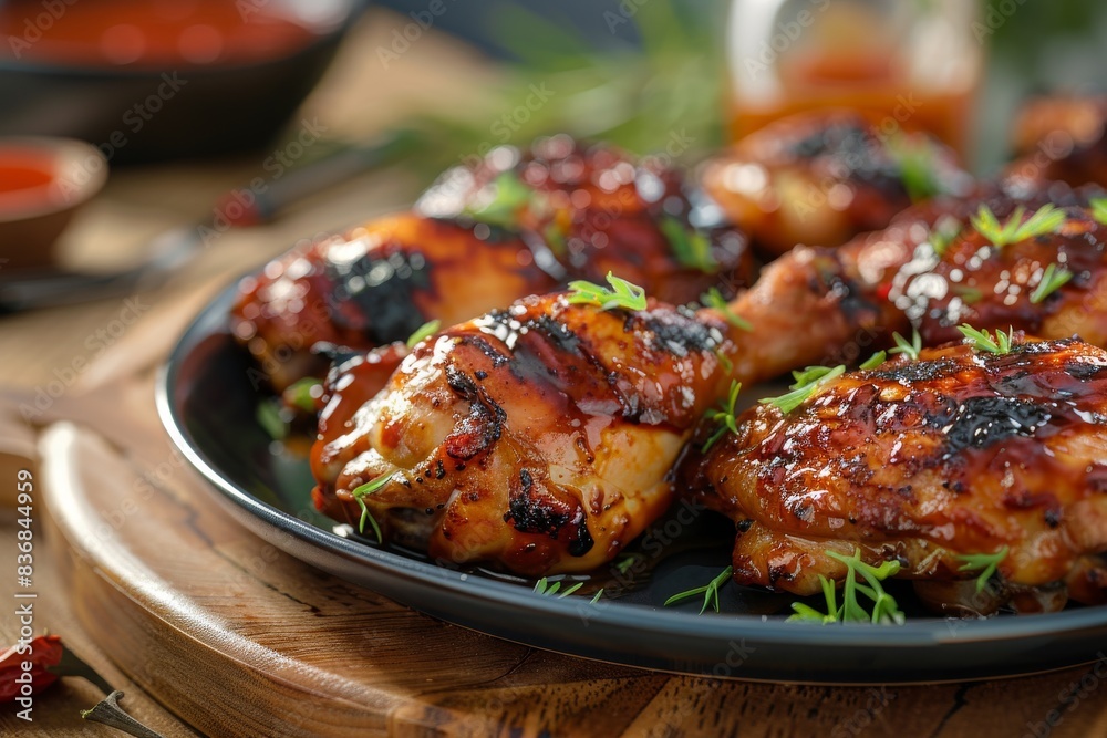 Plate of chicken wings with sauce & herbs suitable for menus, food blogs, restaurant promotions, recipe cards, social media posts.