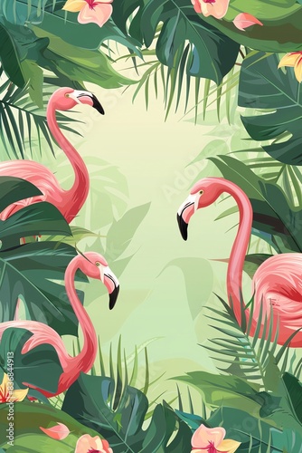 Flamingo, border, jungle theme background Wallpaper, blank in the middle, minimalism, negative space, use for postcard template photo