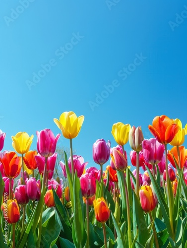 Blooming Tulips Field - Colorful Spring Landscape with Copy Space in Blue Sky