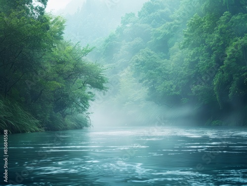 Serene River in Misty Forest with Copy Space Above Trees for Text - Nature Background © tantawat