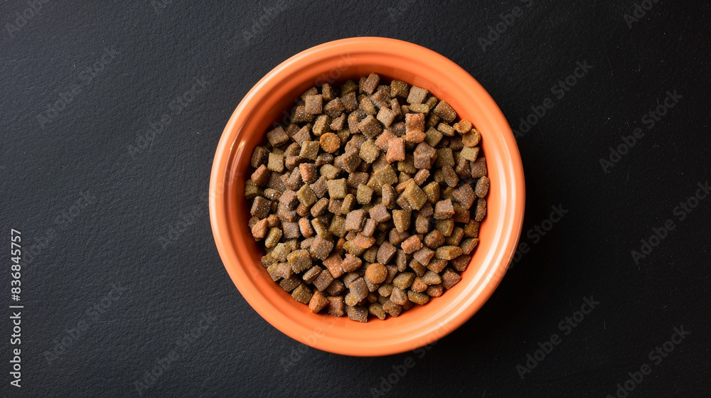 An orange bowl filled with dry cat food, placed on a solid black background, An orange bowl filled with dry cat food, placed on a solid black background,