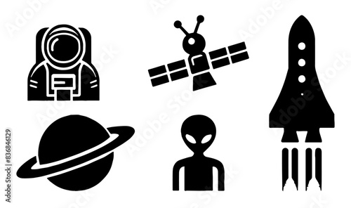 Space Icon Set: Astronaut, Alien, Spacecraft, Planet, Satellite, Cosmic Exploration, Flat Vector Illustration