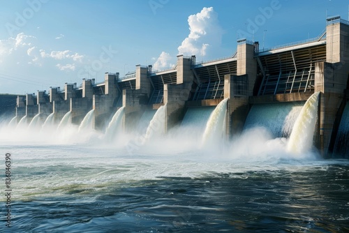 Sustainable Energy Generation at a Hydroelectric Dam Under a Clear Sky for Text Overlay