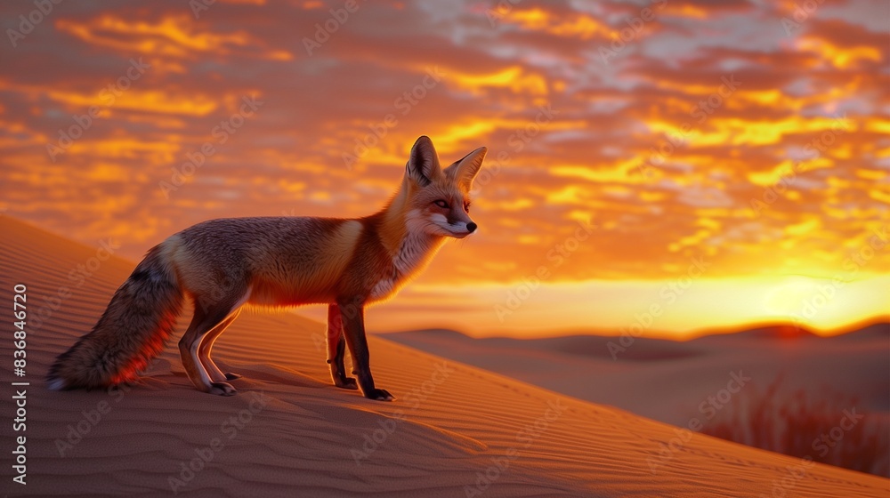 Desert Fox at Sunset. A realistic photo of a desert fox standing on a sand dune at sunset, the sky painted in warm orange and pink hues Desert Fox at Sunset. A realistic photo of a desert fox standing on a sand dune at sunset, the sky painted in warm orange and pink hues