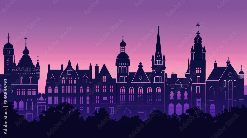 Black silhouettes of historic buildings on a gradient purple background, merging tradition with bold color Black silhouettes of historic buildings on a gradient purple background, merging tradition with bold color